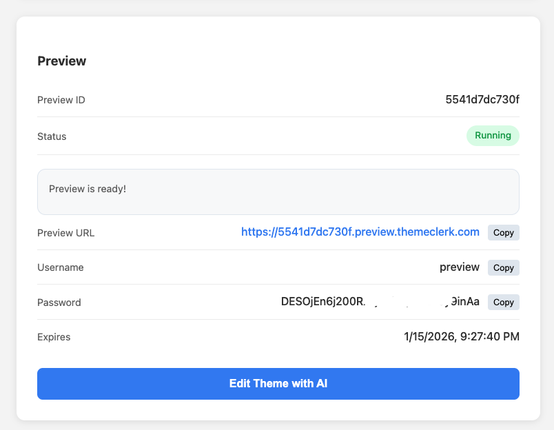 Preview ready screen with URL and credentials
