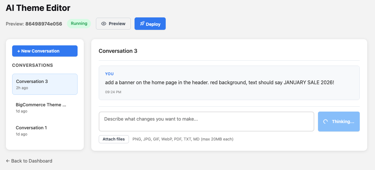 AI Theme Editor interface with conversations and prompt